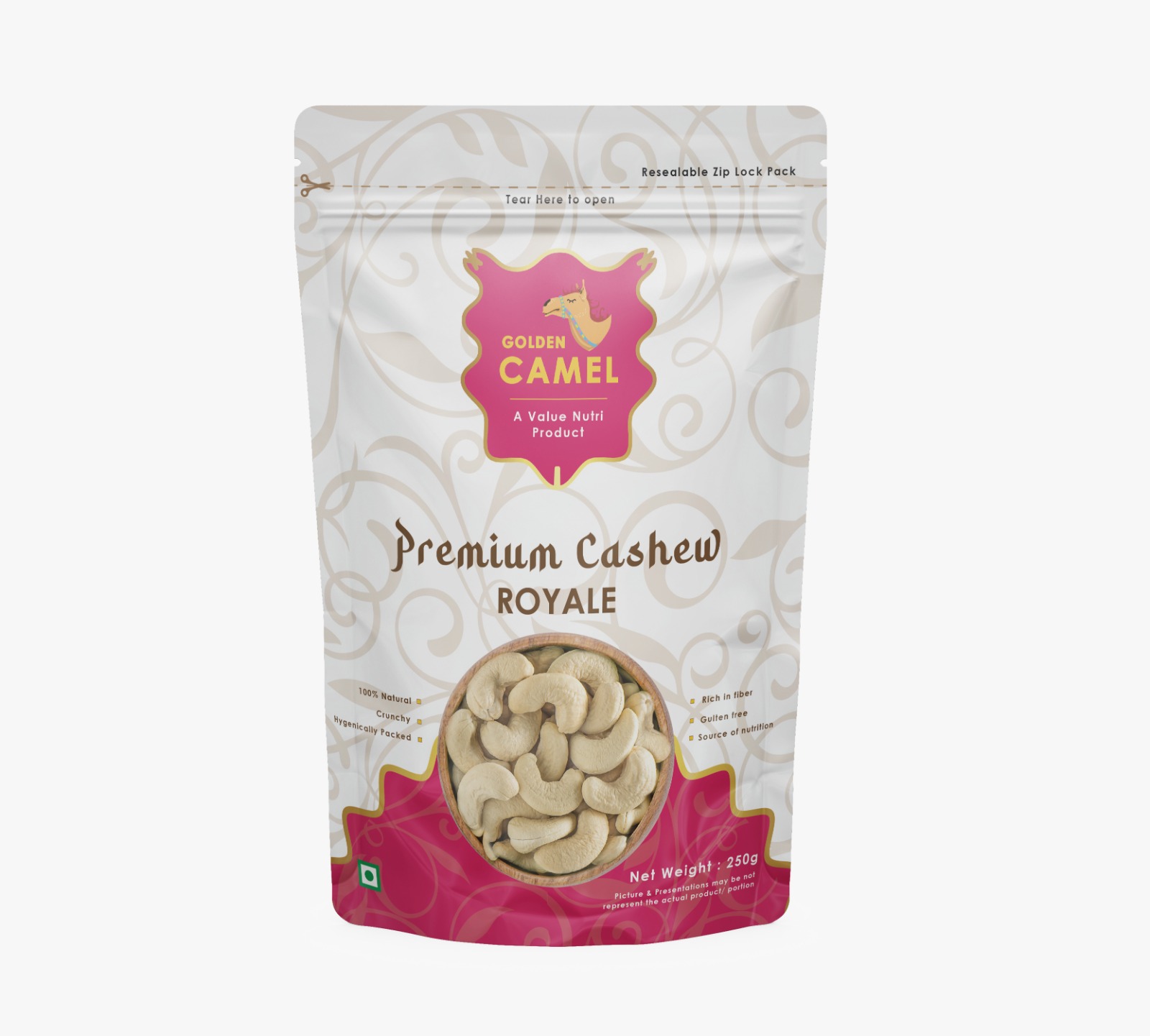 Golden Camel Pure Cashews Whole 250Gm | Premium Royal Kaju 240 | Rich in Protein, Magnesium, and Phosphorus | Premium Nuts & Dry Fruits